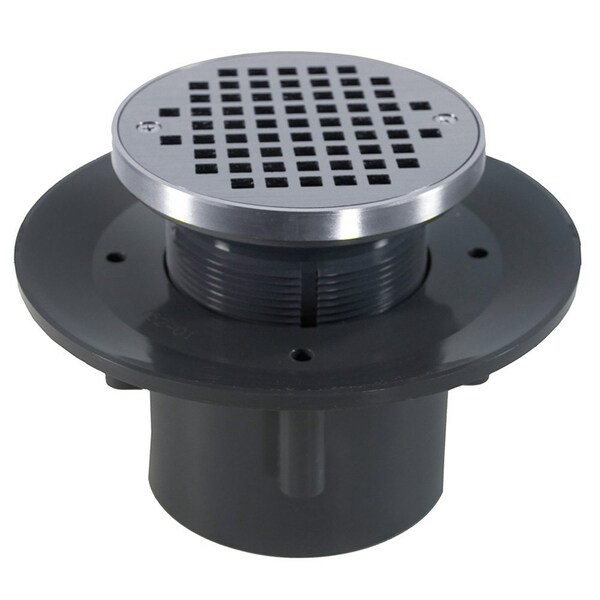 Jones Stephens 2inX3in Heavy Duty PVC Slab Drain Base, 3-1/2in Plastic Spud, 5in Chrome Plated Strainer, Ring D49335 - main